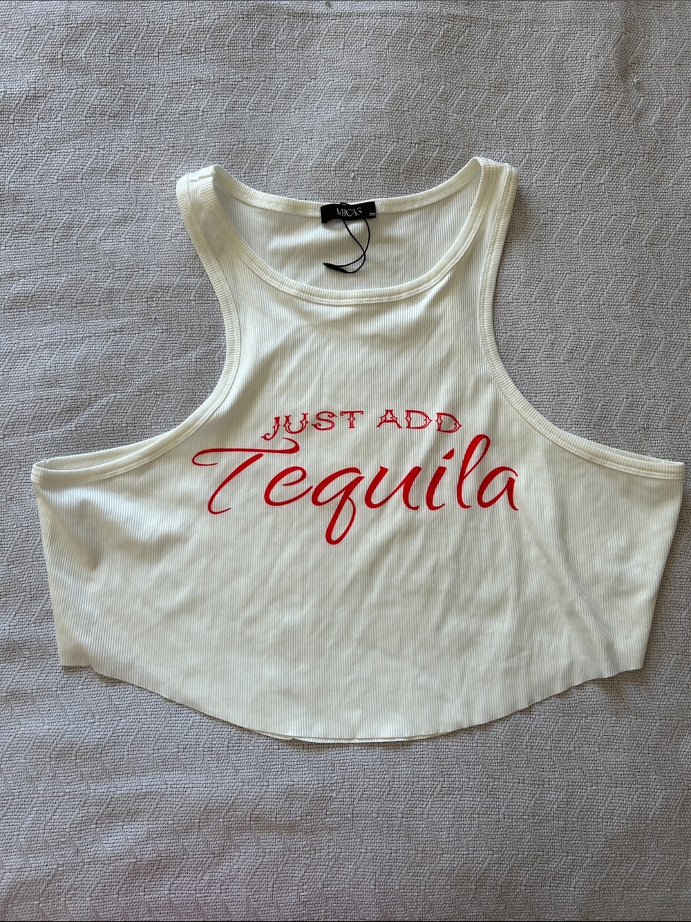 Micas Cream Ribbed Crop Tank with Red "Just Add Tequila" Script